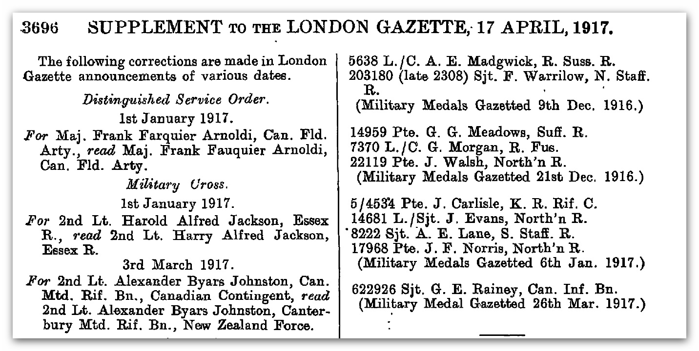 London Gazette A B Johnston Mlitary Cross award