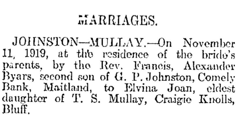 Marriage Notice - Ab Johnston - E J Mullay